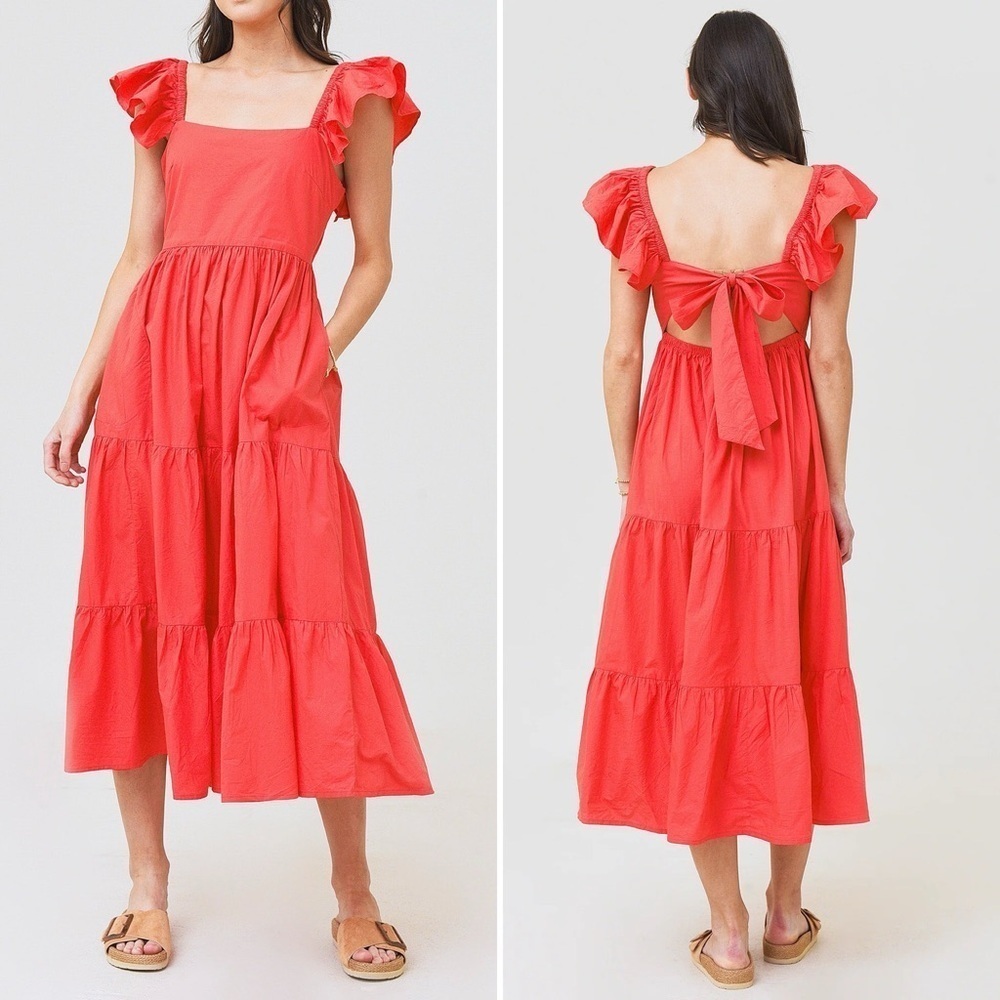 Oliphant Flirty Tie Back Maxi Dress Coral XS Cotton